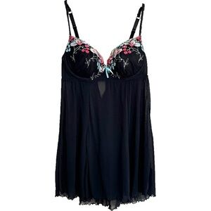Cacique Lace Babydoll Sheer Nightgown Lingerie Black Sz14 16 Floral Embroidered